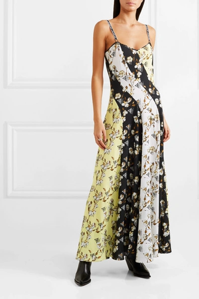 Shop Off-white Paneled Floral-print Intarsia-trimmed Crepe De Chine Maxi Dress In Black