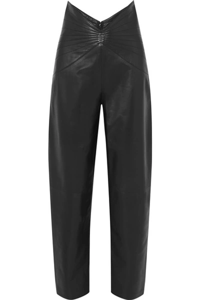 Shop Attico Ruched Leather Tapered Pants In Black