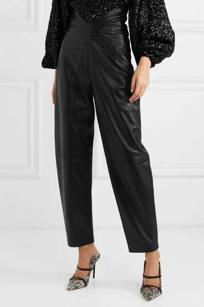 Shop Attico Ruched Leather Tapered Pants In Black
