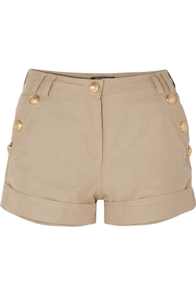Shop Balmain Button-embellished Cotton And Linen-blend Shorts In Beige
