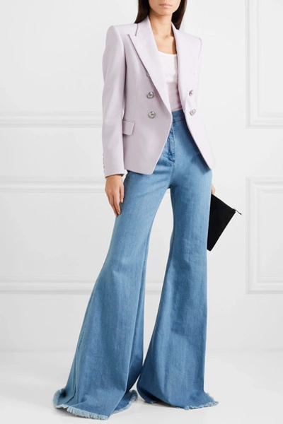 Shop Balmain Double-breasted Grain De Poudre Wool Blazer In Lilac