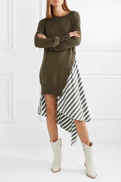 Shop Monse Asymmetric Layered Wool And Striped Cotton-poplin Dress In Army Green