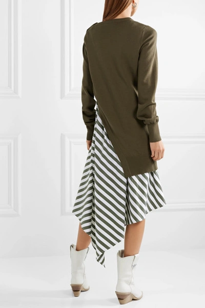 Shop Monse Asymmetric Layered Wool And Striped Cotton-poplin Dress In Army Green