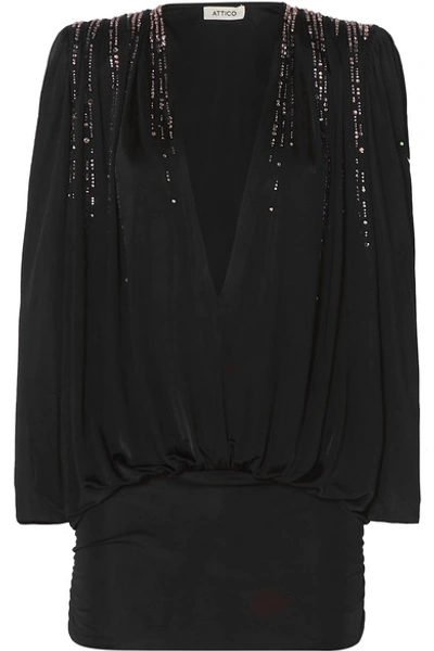 Shop Attico Crystal-embellished Ruched Jersey Mini Dress In Black