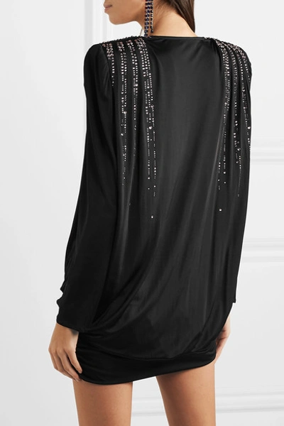 Shop Attico Crystal-embellished Ruched Jersey Mini Dress In Black