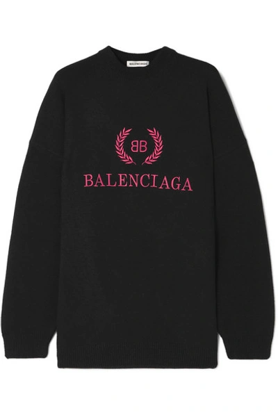 Shop Balenciaga Embroidered Wool And Cashmere-blend Sweatshirt In Black