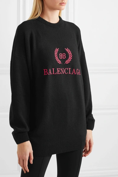 Shop Balenciaga Embroidered Wool And Cashmere-blend Sweatshirt In Black