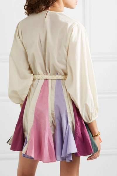 Shop Rhode Ella Belted Color-block Cotton-voile Mini Dress In Cream