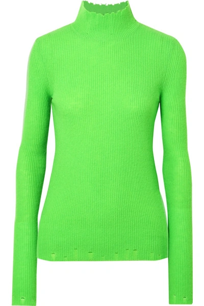 Shop Les Rêveries Distressed Ribbed Cashmere Turtleneck Sweater In Green