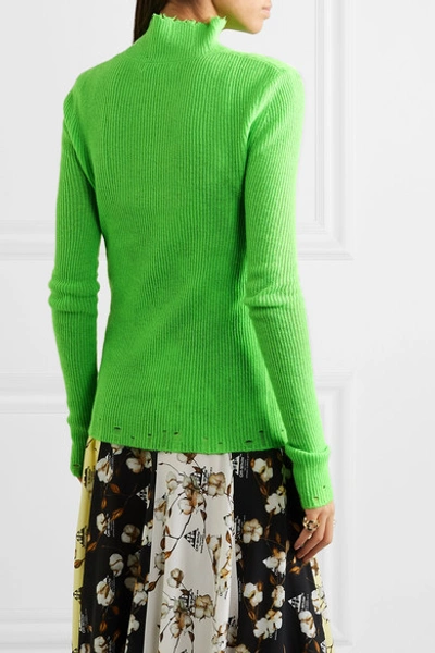 Shop Les Rêveries Distressed Ribbed Cashmere Turtleneck Sweater In Green