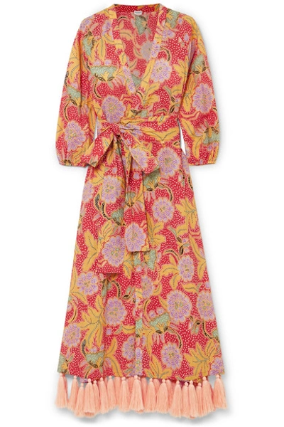 Shop Rhode Lena Tasseled Printed Cotton-voile Wrap Maxi Dress In Red