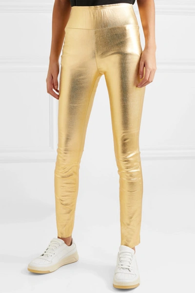 Shop Sprwmn Metallic Leather Leggings In Gold