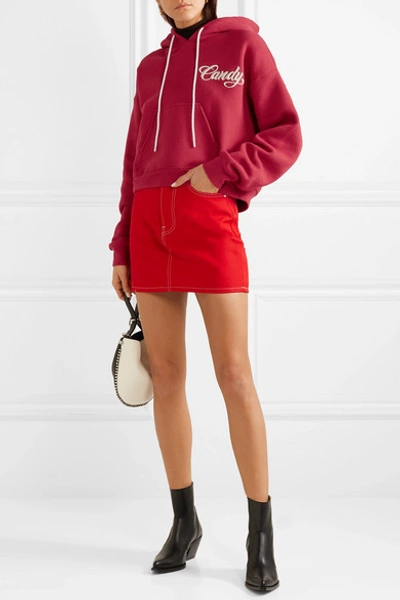 Shop Adaptation Cropped Embroidered Cotton-jersey Hoodie In Claret