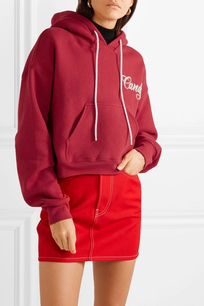 Shop Adaptation Cropped Embroidered Cotton-jersey Hoodie In Claret