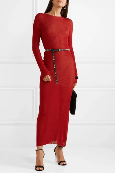 Shop Philosophy Di Lorenzo Serafini Metallic Ribbed Stretch-knit Midi Dress In Red