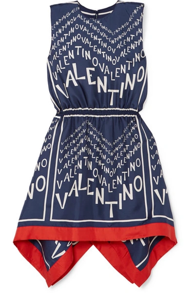 Shop Valentino Asymmetric Printed Silk-twill Mini Dress In Navy