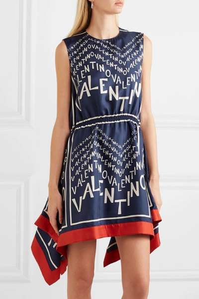 Shop Valentino Asymmetric Printed Silk-twill Mini Dress In Navy