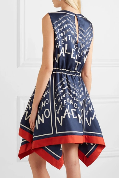 Shop Valentino Asymmetric Printed Silk-twill Mini Dress In Navy