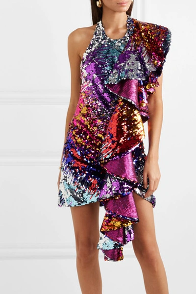 Shop Halpern Ruffled Sequined Tulle Halterneck Mini Dress In Purple