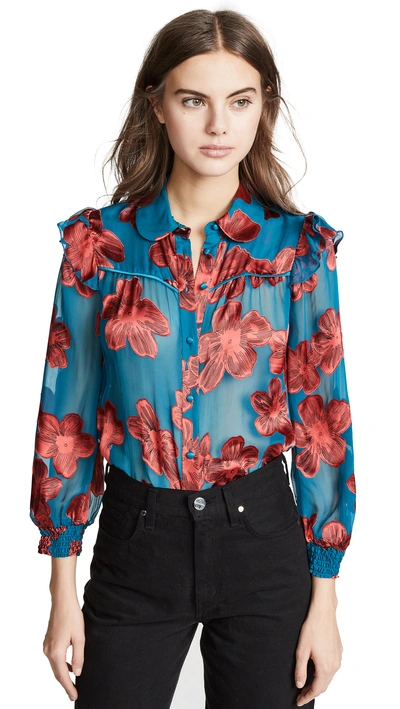 Shop Alice And Olivia Ziggy Blouse In Daisy Teal/cherry