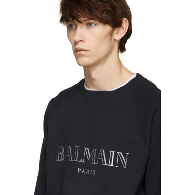 Shop Balmain Navy And Silver Logo Sweatshirt In 6ub Navy
