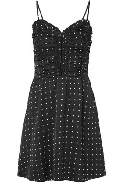 Shop Maje Polka-dot Ruched Satin Mini Dress In Black