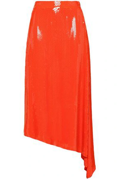 Shop Msgm Woman Asymmetric Sequined Crepe Midi Skirt Bright Orange