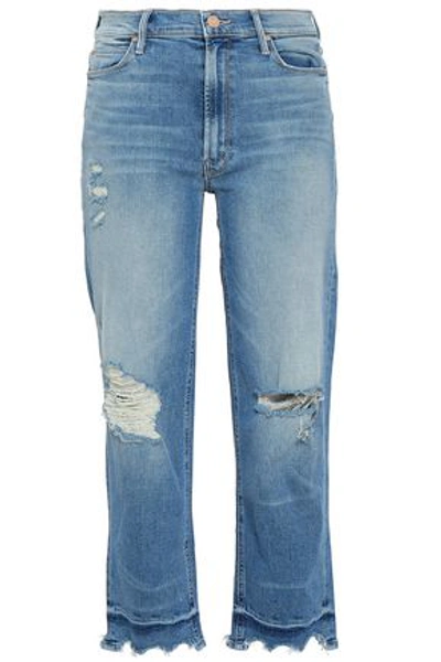 Shop Mother Woman Cropped Distressed High-rise Straight-leg Jeans Light Denim