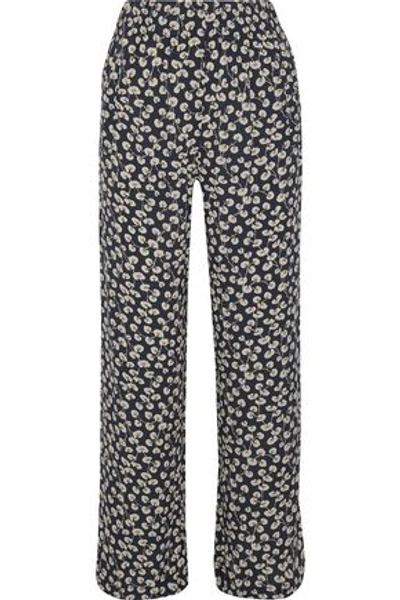 Shop Ganni Roseburg Floral-print Crepe Wide-leg Pants In Midnight Blue