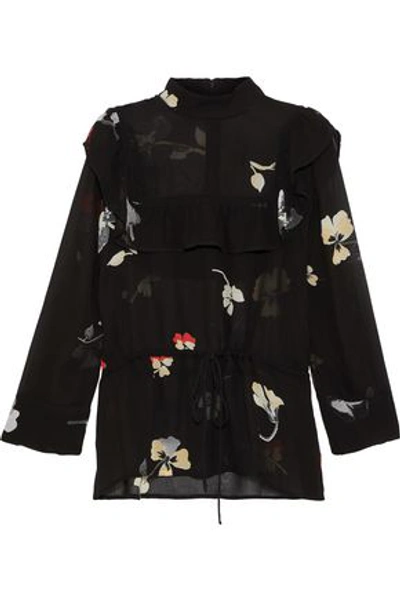 Shop Ganni Woman Lorita Cape-effect Floral-print Georgette Blouse Black