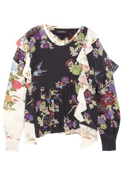 Shop Isabel Marant Woman Pleated Floral-print Silk Crepe De Chine Top Black