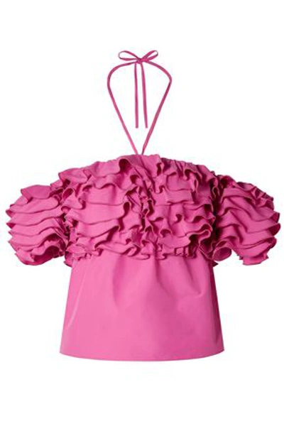 Shop Rosie Assoulin Woman Off-the-shoulder Cropped Ruffled Poplin Top Pink