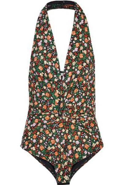 Shop Ganni Alameda Twist-front Floral-print Stretch-knit Halterneck Bodysuit In Multicolor