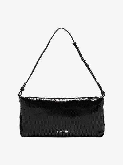 Shop Miu Miu Black Miu Crystal Sequin Shoulder Bag