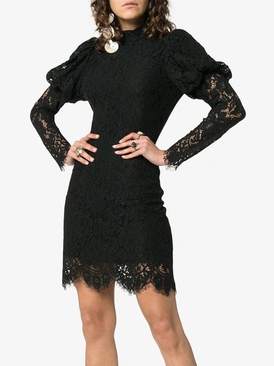 Shop Ganni Everdale Puff Sleeve Lace Cotton Blend Mini Dress In 99 Black