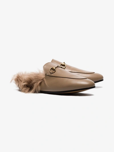 Shop Gucci Beige Princetown Flat Leather And Shearling Slippers In 2666