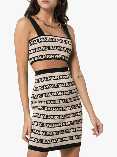 Shop Balmain Striped Logo Knitted Linen Blend Bralette In Gba Black/neutrals