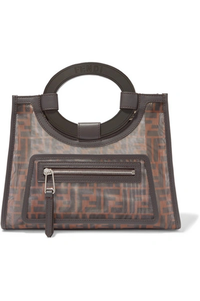 Shop Fendi Runaway Small Leather-trimmed Printed Mesh Tote In Dark Brown