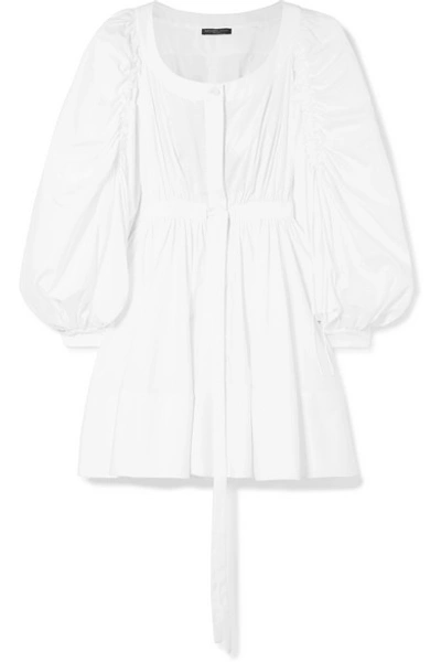 Shop Alexander Mcqueen Gathered Cotton-poplin Mini Dress In White