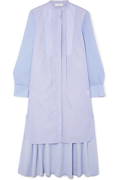 Shop Chloé Asymmetric Two-tone Cotton-poplin And Crepe De Chine Midi Dress In Blue