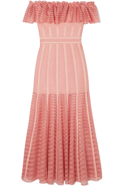 Shop Alexander Mcqueen Ruffled Off-the-shoulder Mesh-paneled Knitted Dress In Blush