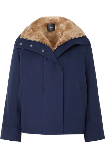 Shop Theory Shearling-trimmed Cotton-twill Coat In Navy