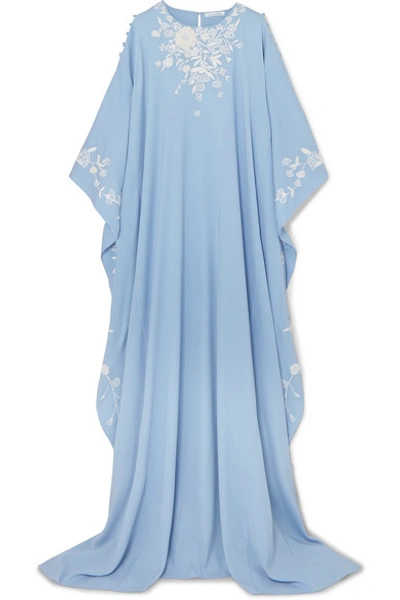 Shop Oscar De La Renta Lace-appliquéd Silk-crepe Gown In Blue
