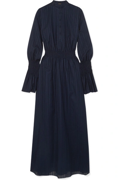 Shop Adam Lippes Shirred Cotton-voile Jacquard Maxi Dress In Navy