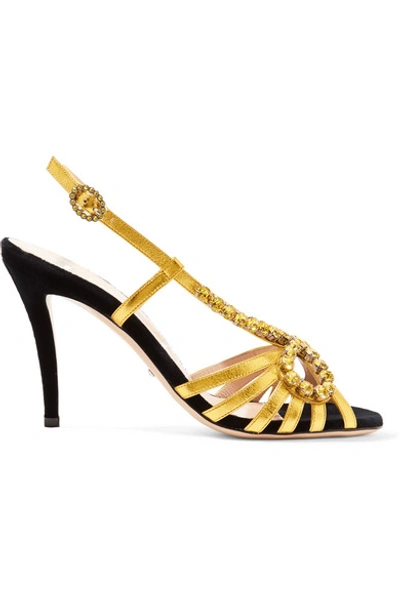 Shop Gucci Crystal-embellished Metallic Leather Sandals In Gold