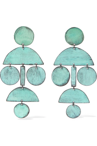 Shop Annie Costello Brown Pom Pom Oxidized Earrings In Green