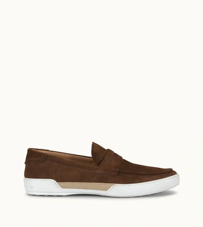 Shop Tod's Loafers In Suede In Brown