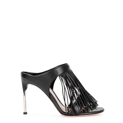 Shop Alexander Mcqueen 100 Black Fringed Leather Mules