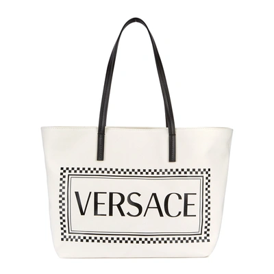 Shop Versace White Logo-print Canvas Tote In Black