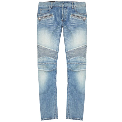 Shop Balmain Blue Distressed Skinny Jeans